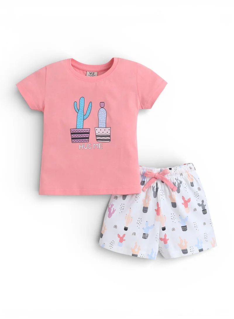 Victor And Jane  Girls Cactus Print Cotton Pajama Set – T-Shirt & Shorts Nightwear for Women | Best Price UAE